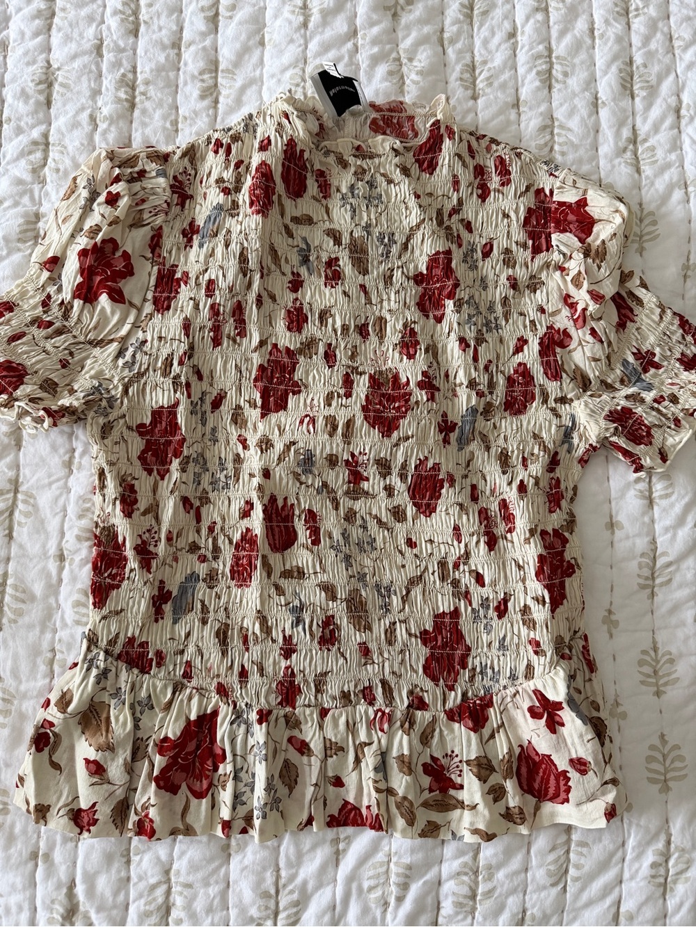 Reformation Cream Floral Smocked Peplum Blouse with Red Accents